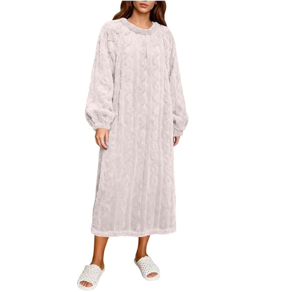 FAHXNVB Womens Flannel Nightgown Soft Warm Fuzzy Fleece Crewnecl Sleepwear for Women Solid Color Cozy Long Sleeve Plush Nightdress