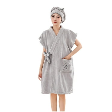 FAHXNVB Womens Fleece Robe Kimono Style Short Sleeve Warm Super Soft Plush Robe Winter Velour Bathrobe with Pockets and Hair Towel Wrap