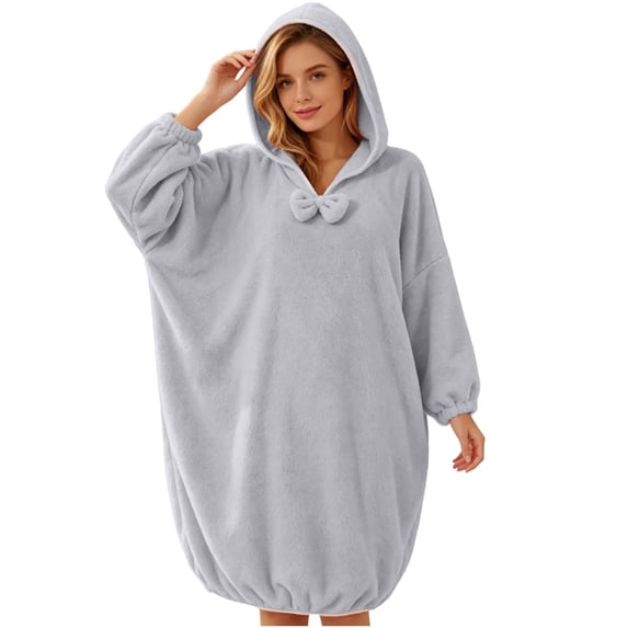 FAHXNVB Womens Hooded Fleece Robe Knee Length Pullover Plush Bathrobe Oversized Winter Warm Absorbent Bathrobe