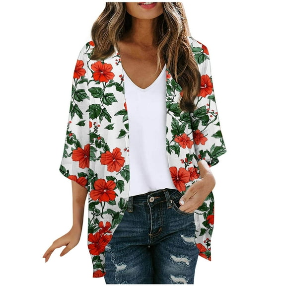 FAHXNVB Womens Kimono Cardigans Hawaiian Printed 3/4 Sleeve Sheer Open Front Beach Cover Ups Floral Print Loose Fit Casual Summer Tops