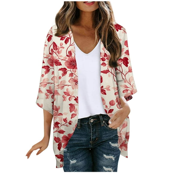 FAHXNVB Womens Kimono Cardigans Hawaiian Printed 3/4 Sleeve Sheer Open Front Beach Cover Ups Floral Print Loose Fit Casual Summer Tops