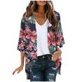 thumbnail image 1 of FAHXNVB Womens Kimono Cardigans Hawaiian Printed 3/4 Sleeve Sheer Open Front Beach Cover Ups Floral Print Loose Fit Casual Summer Tops, 1 of 6