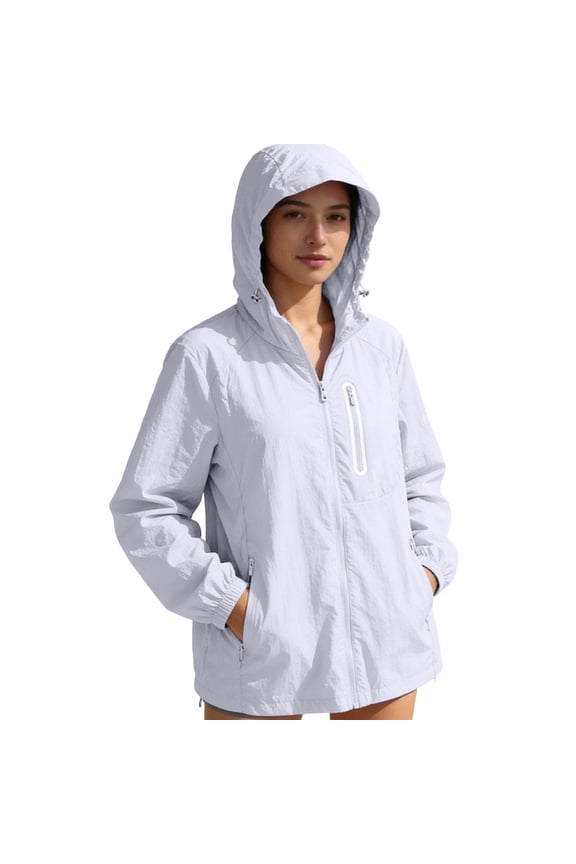 Womens Lightweight Hooded Jackets Ice Silk Waterproof Sun Protection Windbreakers with Pockets Casual Hiking Outdoor Tops
