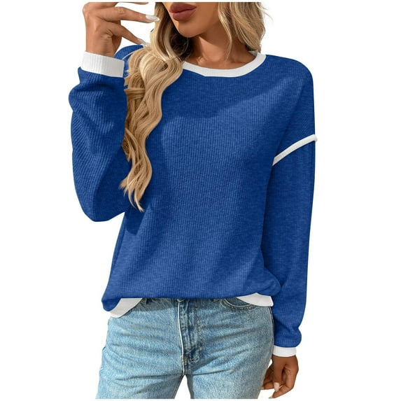 FAHXNVB Womens Long Sleeve Tops Color Block Round Neck Soft Knitting Sweaters Casula Loose Fit Tunic Blouses Shirts for Fall Winter