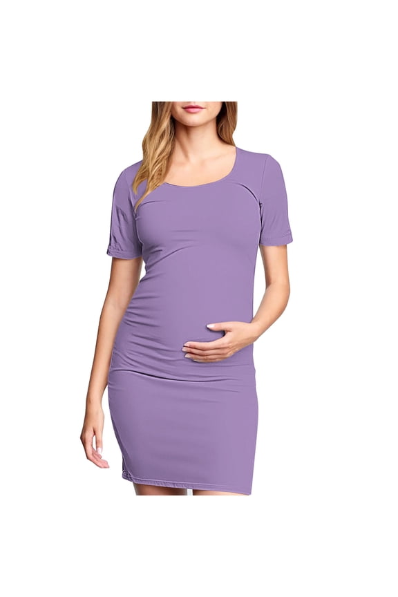 Womens Maternity Dress Ruched Bodycon Solid Color Soft Cotton Short Sleeve Crewneck Pregnancy Dress Slim Fit Fashion Casual Dress