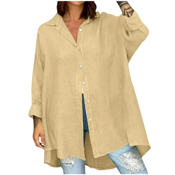 FAHXNVB Womens Oversized Button Down Shirts Long Sleeve Asymmetric Hem V-Neck Linen Dress Shirt Tops Casual Lightweight Work Blouse