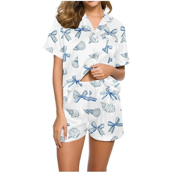 FAHXNVB Womens Pajama Sets 2 Piece Short Sleeve Button Down Loungewear and Shorts Sets Cute Bow Printed Soft Sleepwear Nightwear S-2XL