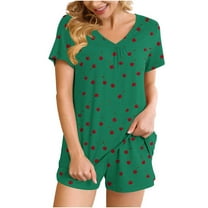 FAHXNVB Womens Pajama Sets 2 Piece Short Sleeve Lounge Set Cherry Print Soft V Nek Sleepwear Tops and Shorts Pjs Set S-XXL