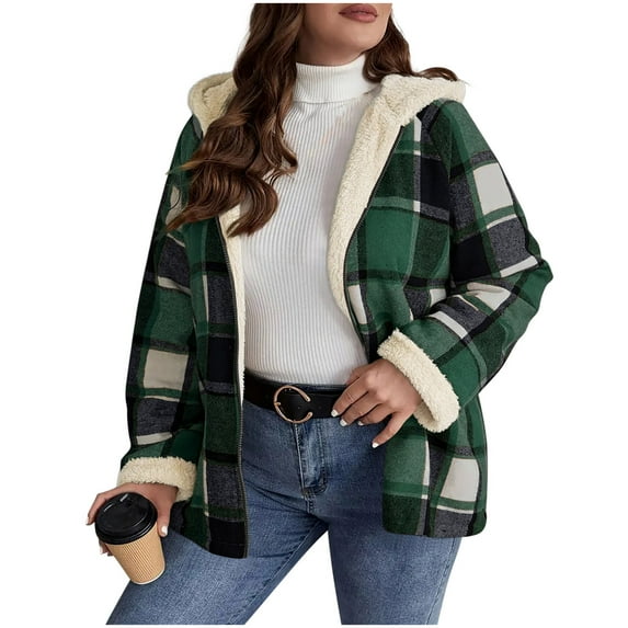 FAHXNVB Womens Plaid Shacket Jacket Long Sleeve Zip Up Sherpa Fleece Lined Hooded Jackets with Pocoets Outdoor Casual Winter Warm Coat