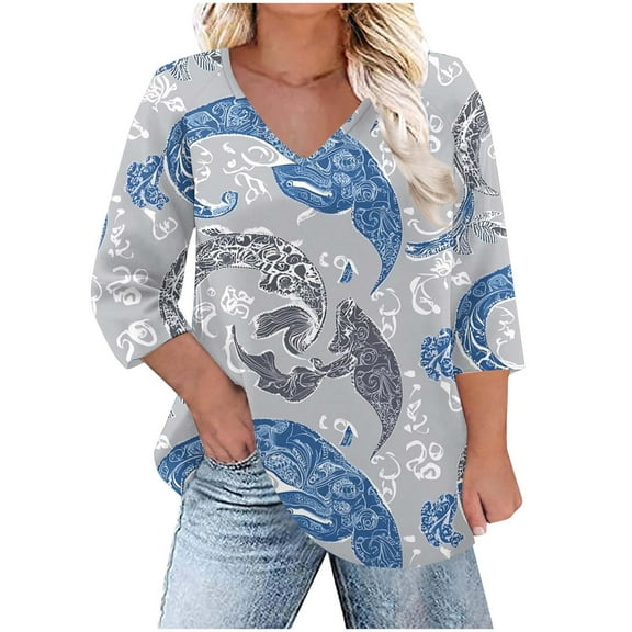 FAHXNVB Womens Plus Size Tops Floral Printed 3/4 Sleeve V Neck T Shirt Fall Casual Loose Fit Tunic Blouse L-5X
