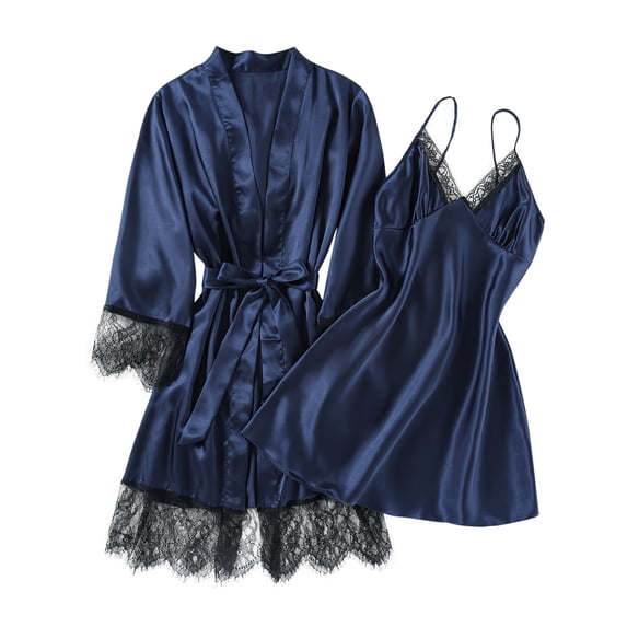 FAHXNVB Womens Satin Nightgown and Robe Set 2 Piece Lace Spaghetti Strap Lightweight Sleepwear Loungewear Casual Soft Nightwear Bathrobes S-XL