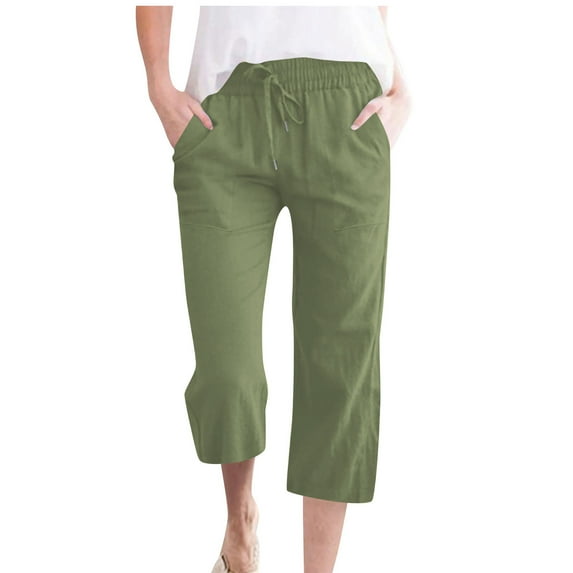 FAHXNVB Womens Straight Leg Capri Pants Drawstring Elastic Waist Cotton Linen Athletic Pants Summer Solid Color Baggy Casual Pants with Pockets
