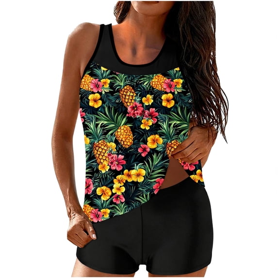 FAHXNVB Womens Tankini Bathing Suits Two Piece Floral Printed Sleeveless Swim Tank Top with Boyshorts Ladies Modest Tankinis Swimsuits,XXL,E