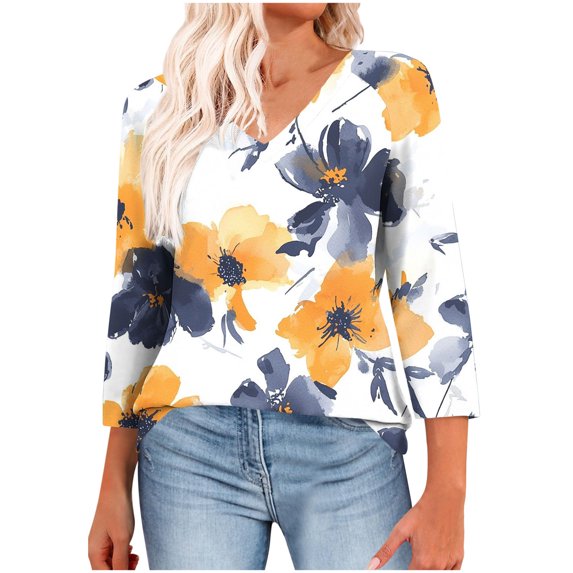 FAHXNVB Womens Tops 3/4 Length Sleeve Summer V Neck Shirts Loose Fit Casual Floral Printed Basic Tunic Tops Blouse 2025