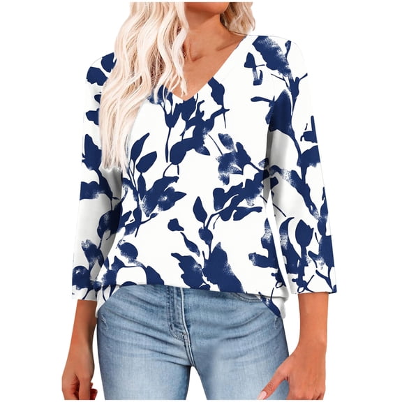 FAHXNVB Womens Tops 3/4 Length Sleeve Summer V Neck Shirts Loose Fit Casual Floral Printed Basic Tunic Tops Blouse 2025