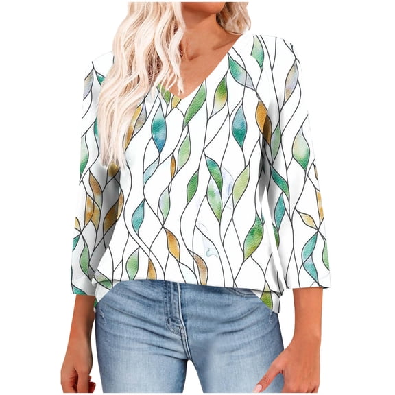 FAHXNVB Womens Tops 3/4 Length Sleeve Summer V Neck Shirts Loose Fit Casual Striped Printed Basic Tunic Tops Blouse 2025