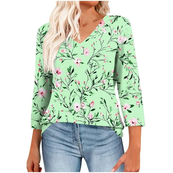 FAHXNVB Womens Tops 3/4 Length Sleeve Summer V Neck Shirts Loose Fit Casual Striped Printed Basic Tunic Tops Blouse 2025