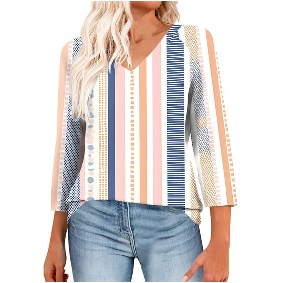 FAHXNVB Womens Tops 3/4 Length Sleeve Summer V Neck Shirts Loose Fit Casual Striped Printed Basic Tunic Tops Blouse 2025