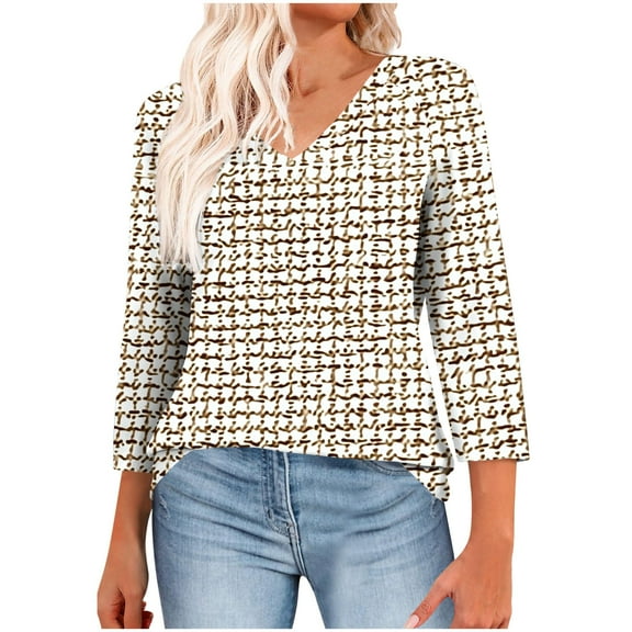 FAHXNVB Womens Tops 3/4 Length Sleeve Summer V Neck Shirts Loose Fit Casual Striped Printed Basic Tunic Tops Blouse 2025