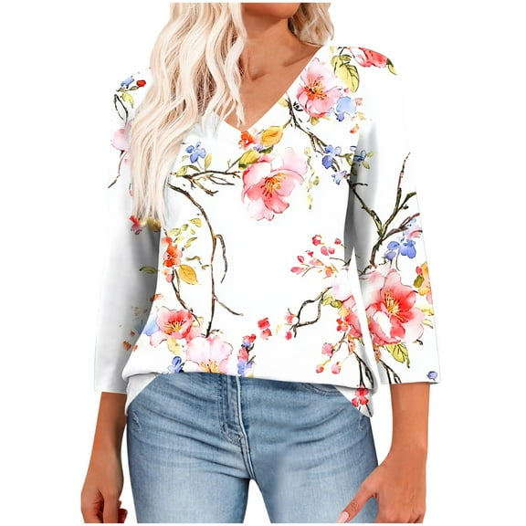 FAHXNVB Womens Tops 3/4 Length Sleeve Summer V Neck Shirts Loose Fit Casual Striped Printed Basic Tunic Tops Blouse 2025