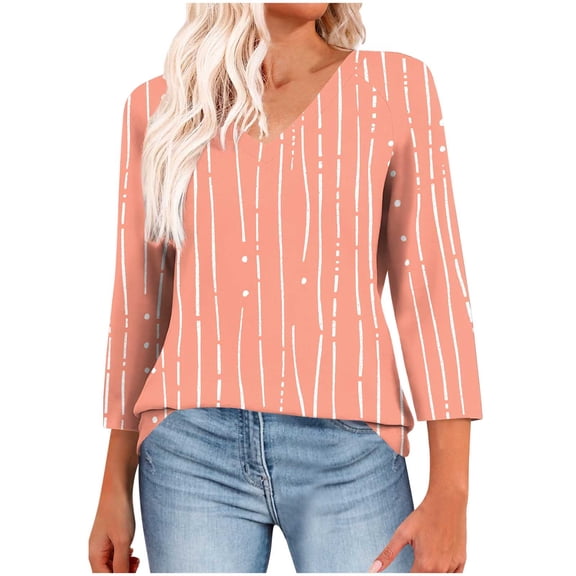 FAHXNVB Womens Tops 3/4 Length Sleeve Summer V Neck Shirts Loose Fit Casual Striped Printed Basic Tunic Tops Blouse 2025