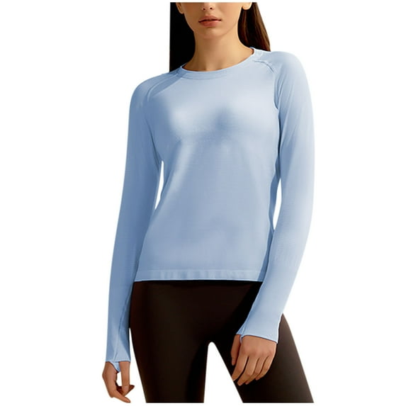 FAHXNVB Workout Seamless Shirts for Women Crewneck Long-Sleeved Yoga Running Breathable Thumb Holes Tops Solid Color Athletic Shirts