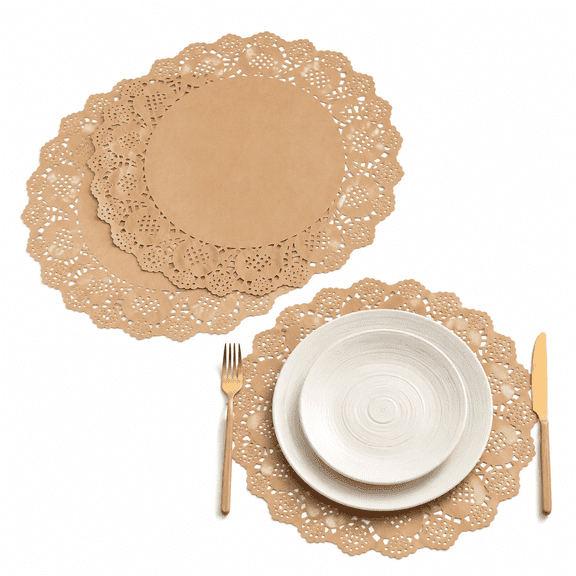 FAHZON 100 Pack Round Brown Kraft Paper Doilies, 13.5 inch Lace Paper Place Mats, Disposable Table Pads for Food Cakes Party Tableware Decor