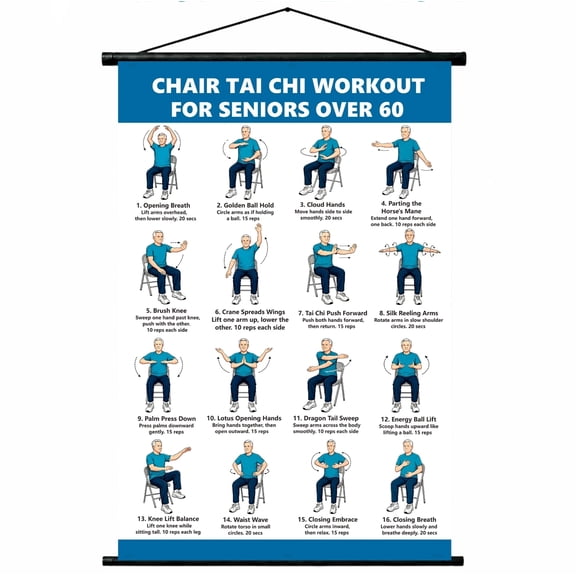 FAHZON Tai Chi Chair Exercise Poster for Seniors, 16 Illustrated Poses Fitness Wall Chart, 60x40cm Balance & Flexibility Workout Guide for Over 60, Wall Hanging Decor with Black Rod,02