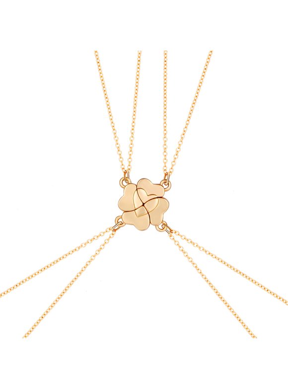 FAIOIN 4 Piece Four Leaf Clover Stitching Necklace Magnet Stone BFF Friendship Heart Pendant Chain Choker Necklace Jewelry
