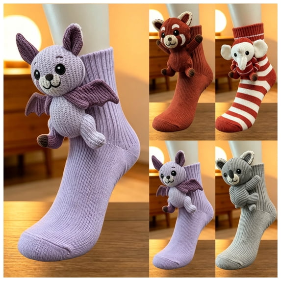 FAIOROI 3D Plush Animal Crew Socks for Women, Cute Cartoon Stuffed Toy Socks, Soft Cozy Knit Holiday Christmas Sock