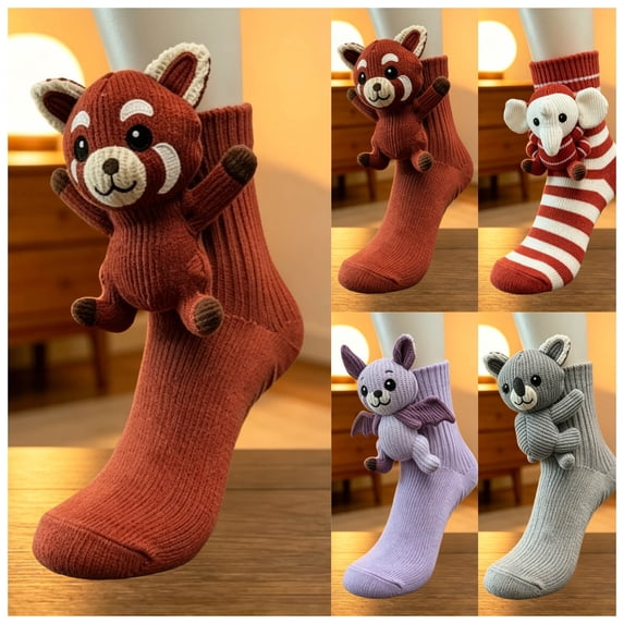 FAIOROI 3D Plush Animal Crew Socks for Women, Cute Cartoon Stuffed Toy Socks, Soft Cozy Knit Holiday Christmas Sock