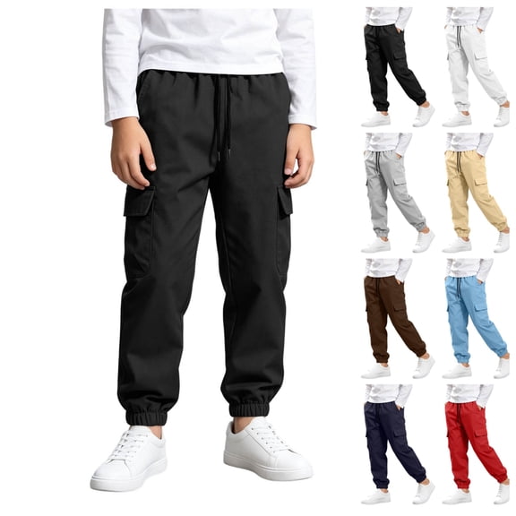 FAIOROI Boys Cargo Jogger Pants with Elastic Drawstring Waist and Flap Pockets Lightweight Casual Athletic Pants for Kids Black 7-8T