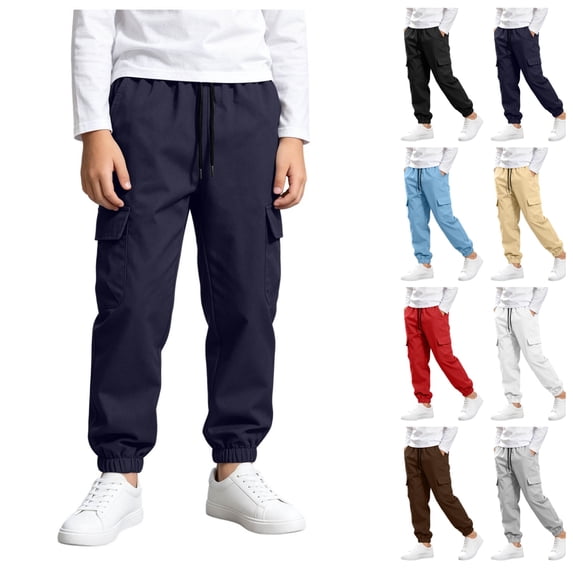 FAIOROI Boys Cargo Jogger Pants with Elastic Drawstring Waist and Flap Pockets Lightweight Casual Athletic Pants for Kids Navy 7-8T