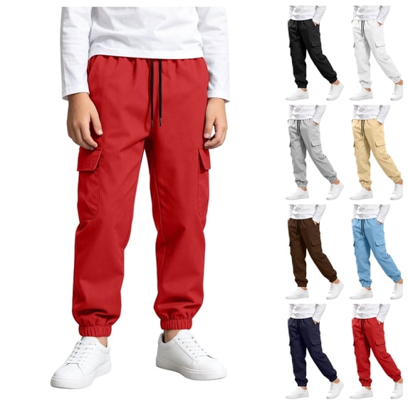FAIOROI Boys Cargo Jogger Pants with Elastic Drawstring Waist and Flap Pockets Lightweight Casual Athletic Pants for Kids Red 12-13T