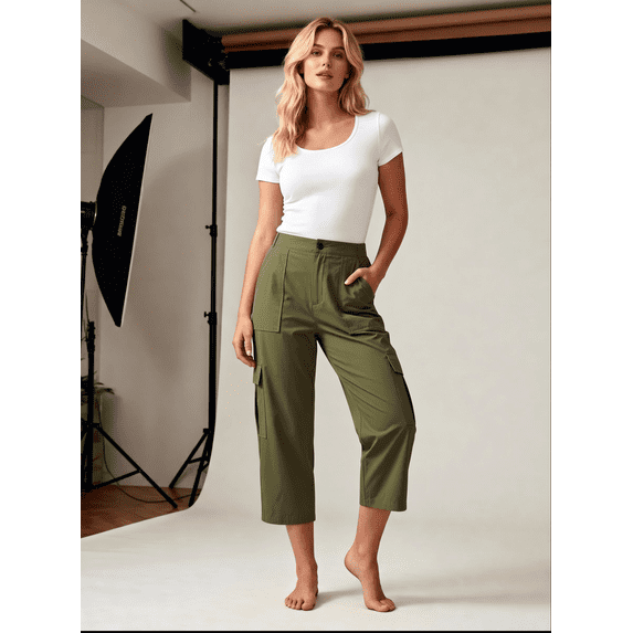 FAIOROI Cargo Capris for Womens High Waist Cropped Pants Back Elastic Waist Casual Outfits,Army Green 3XL