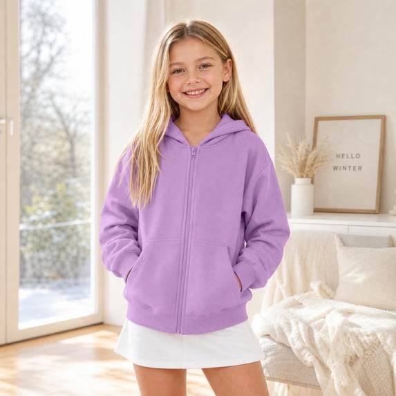FAIOROI Zip Up Hoodies for Teen Girls Boys 5-14 Years Fleece Lined Hooded Sweatshirt Jacket with Kangaroo Pocket Purple