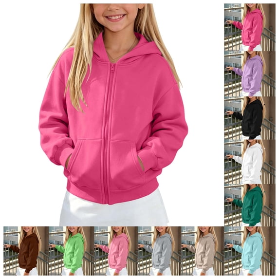 FAIOROI Zip Up Hoodies for Teen Girls Boys 5-14 Years Fleece Lined Hooded Sweatshirt Jacket with Kangaroo Pocket Hot Pink