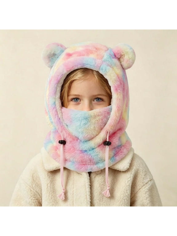 Kids Bear Ear Winter Hat with Face Cover, Fleece Windproof Balaclava for Boys Girls 3-8 Years, Tie Dye Warm Hooded Scarf