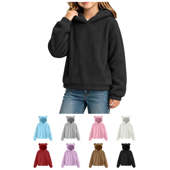 FAIOROI Kids Fleece Hoodie with Cute Bear Ears, Girls Boys Soft Warm Pullover Sweatshirt, Long Sleeve Hooded Top for Fall Winter Black 12-13T