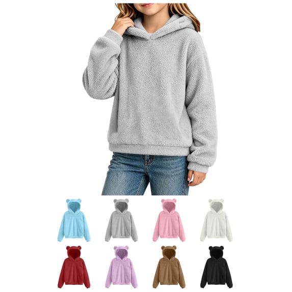 FAIOROI Kids Fleece Hoodie with Cute Bear Ears, Girls Boys Soft Warm Pullover Sweatshirt, Long Sleeve Hooded Top for Fall Winter Gray 5-6T