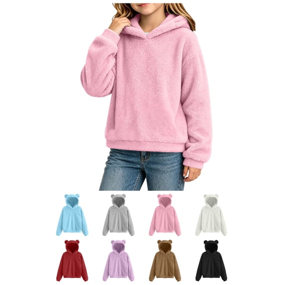 FAIOROI Kids Fleece Hoodie with Cute Bear Ears, Girls Boys Soft Warm Pullover Sweatshirt, Long Sleeve Hooded Top for Fall Winter Pink 9-10T