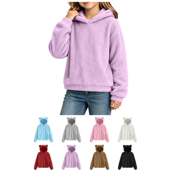 FAIOROI Kids Fleece Hoodie with Cute Bear Ears, Girls Boys Soft Warm Pullover Sweatshirt, Long Sleeve Hooded Top for Fall Winter Purple 7-8T