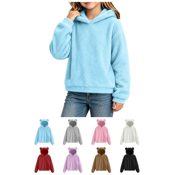 FAIOROI Kids Fleece Hoodie with Cute Bear Ears, Girls Boys Soft Warm Pullover Sweatshirt, Long Sleeve Hooded Top for Fall Winter Sky Blue 7-8T