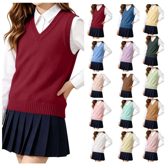 FAIOROI Kids Solid Color V Neck Sweater Vest Cotton Knitted Waistcoat for Layering Red 5-6T