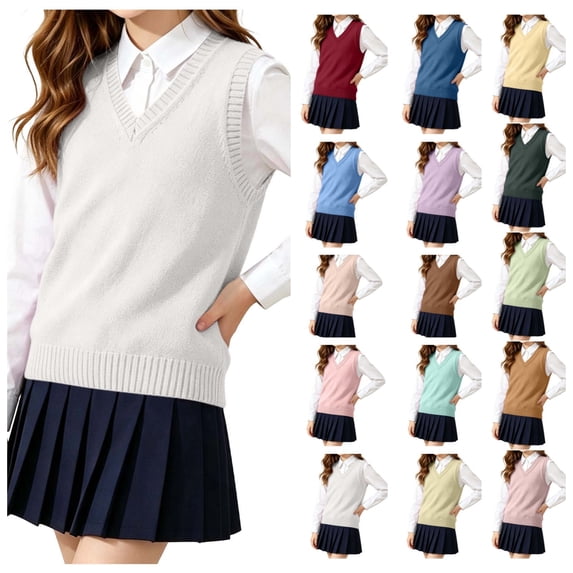FAIOROI Unisex Kids School Uniform Sweater Vest V Neck Cotton Knit Sleeveless Top White 9-10T