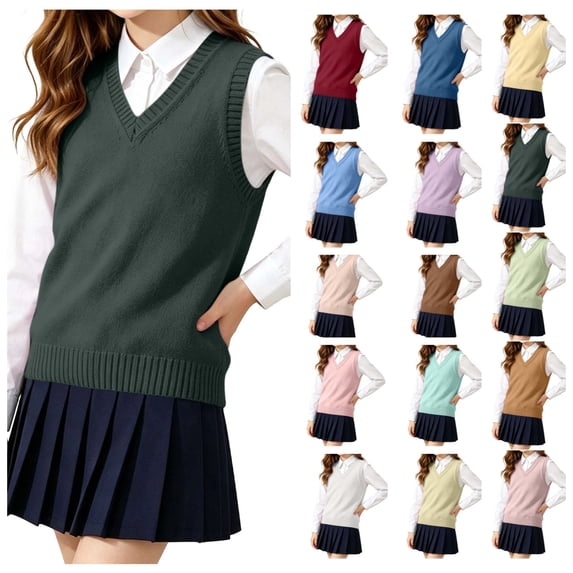 FAIOROI Unisex Kids V Neck Sweater Vest 100% Cotton Sleeveless Knit for School Wear Army Green 13-14T
