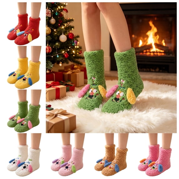 FAIOROI Womens Fuzzy Socks Cute 3D Dog Cartoon Winter Warm Soft Plush Slipper Socks Christmas Gift Green Free Size