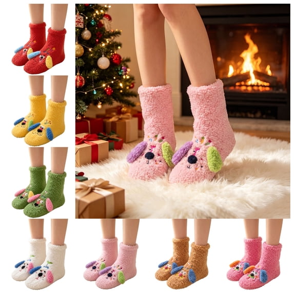 FAIOROI Womens Fuzzy Socks Cute 3D Dog Cartoon Winter Warm Soft Plush Slipper Socks Christmas Gift Pink Free Size