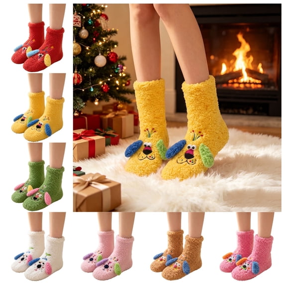 FAIOROI Womens Fuzzy Socks Cute 3D Dog Cartoon Winter Warm Soft Plush Slipper Socks Christmas Gift Yellow Free Size