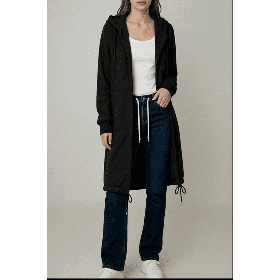 FAIOROI Womens Longline Hoodies Zip up Drawstring Hem Pocket Design Polyester Hoodie,Black L